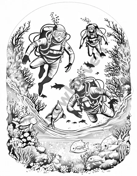 coloring page featuring divers and marine life in an underwater scene with sun rays filtering through in black and white