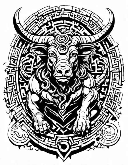 mythical minotaur guarding stone labyrinth with puzzles and secrets, in a coloring book image for adventurous quest in black and white