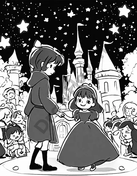 the great fairy tale ball coloring page featuring cinderella, aladdin, little red riding hood, the beast, fairies, and a majestic castle in a candle-lit, magical hall for coloring enthusiasts in black and white