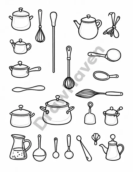 coloring book page featuring magical kitchen tools, including levitating ladles and whisking wands in black and white