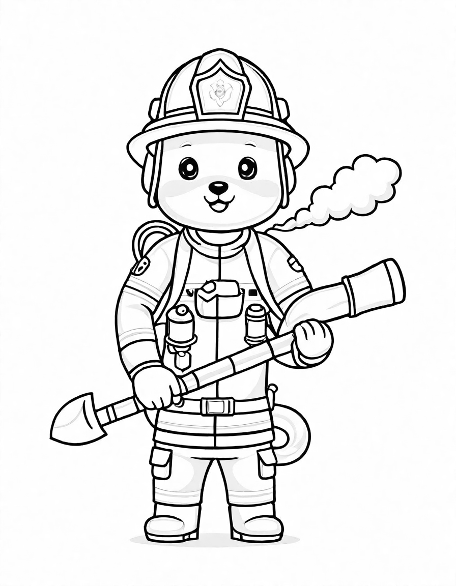 firefighters in gear ready to fight flames, detailed for coloring activity in black and white