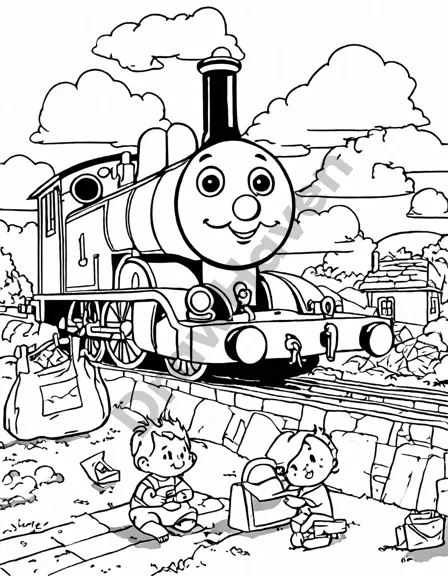 Coloring book image of percy the tank engine delivering mail by train across a sunny landscape in black and white