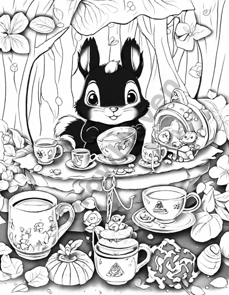 Coloring book image of whimsical treehouse tea party with forest animals in an ancient forest setting in black and white
