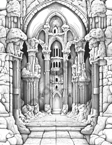 Coloring book image of secrets of a labyrinth hidden in an ancient gothic castle, adorned with intricate gargoyles whispering secrets through crumbling walls in black and white