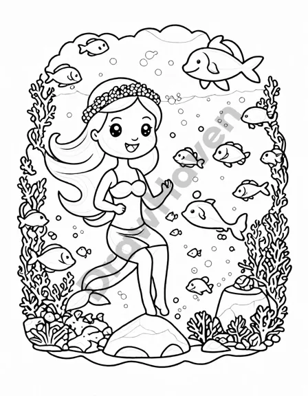 coloring book page featuring the mysterious mermaid's cove with mermaids, dolphins, and sunken treasures in black and white