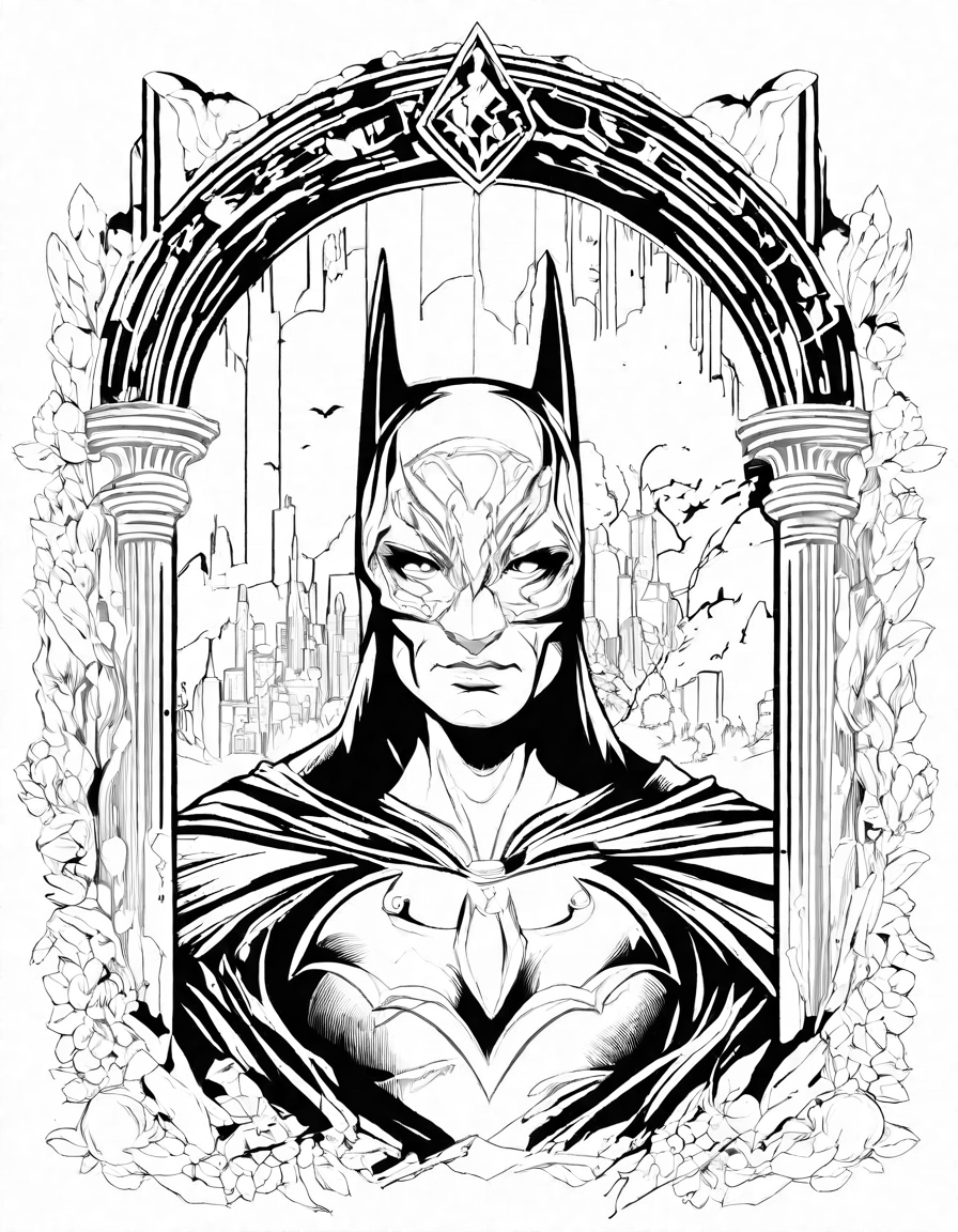 coloring page of arkham asylum, batman's infamous prison, where madness and despair intertwine in black and white