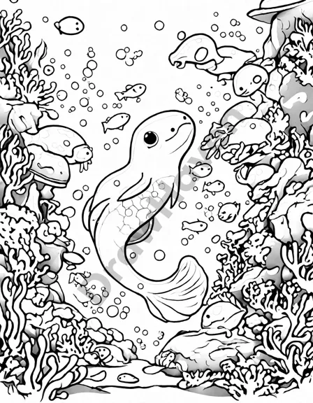 electric eels illuminating the dark ocean floor in a coloring book image in black and white