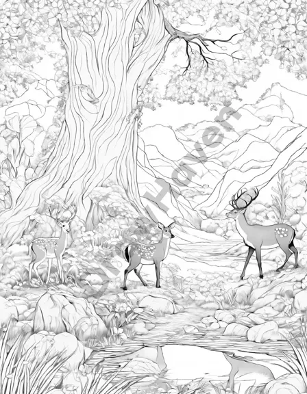 Coloring book image of serene forest clearing with ancient trees, clear pond, and grazing deer in early morning sunlight in black and white