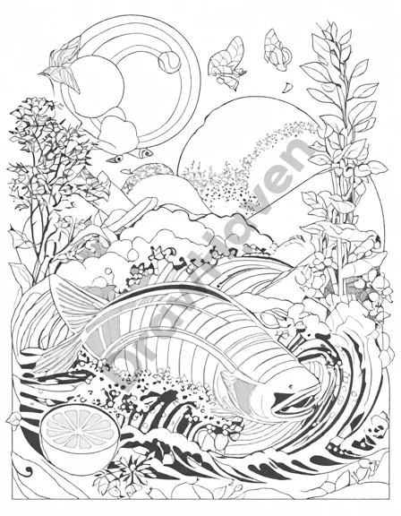 coloring book page depicting the making of sushi with salmon, avocado, cucumber, and traditional sides in black and white