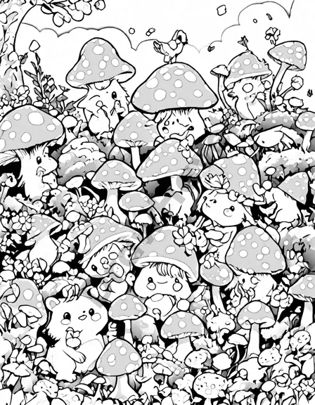 cheerful trolls trying tiny top hats in a sunlit clearing coloring page with flowers and mushrooms in black and white