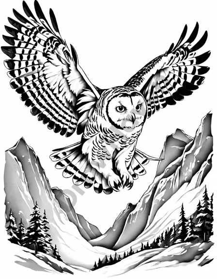 Coloring book image of snowy owl in flight, wings outstretched, golden eyes scanning icy landscape in black and white