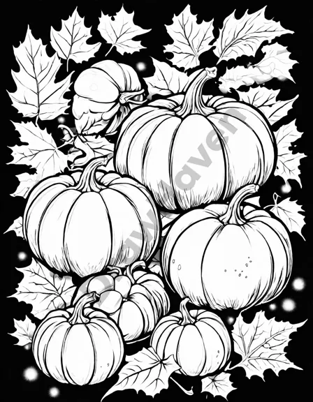 coloring book page featuring autumn harvest with pumpkins, squash, and fall leaves for thanksgiving in black and white