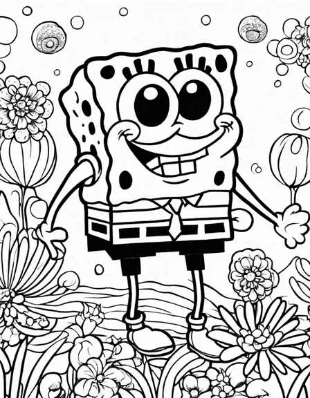 coloring page of spongebob squarepants wearing his iconic square pants with vibrant patterns and playful details in black and white