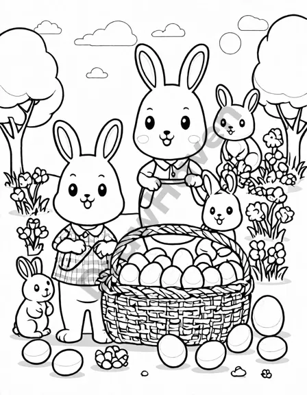 coloring page of easter picnic with bunnies, basket of eggs, and egg hunt in a flower-filled garden in black and white