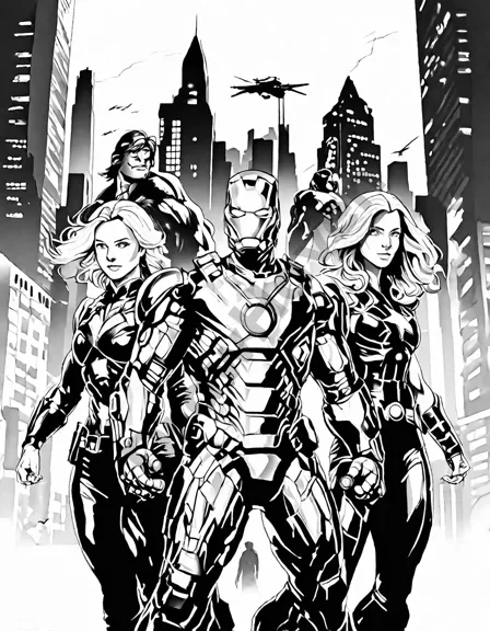 Coloring book image of iconic marvel avengers assemble in a vibrant urban scene, showcasing their unique abilities against a towering city landscape in black and white