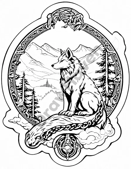 coloring book page featuring fenrir, jormungandr, huginn, and muninn from norse mythology in black and white