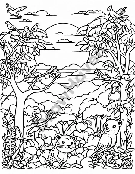coloring book image of a rainforest at sunset with parrots, a jaguar, and bats in black and white