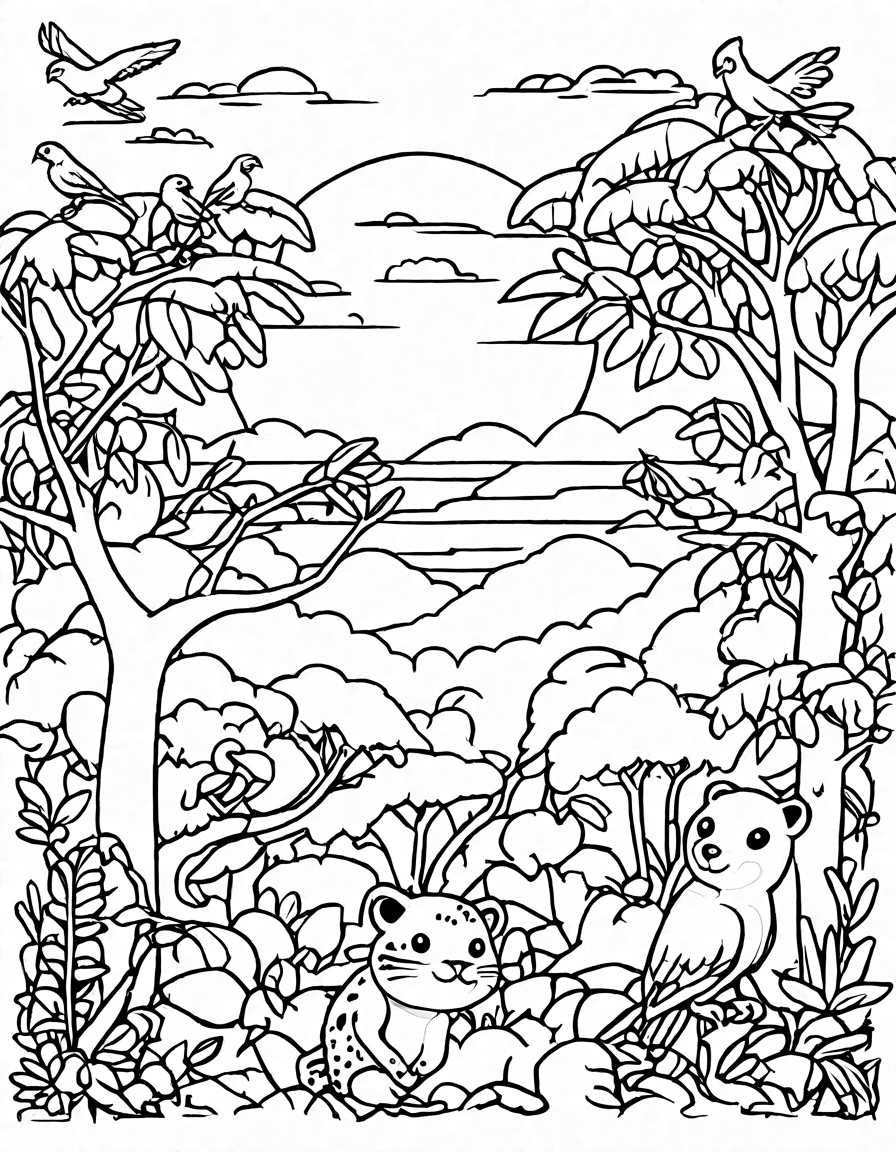 coloring book image of a rainforest at sunset with parrots, a jaguar, and bats in black and white
