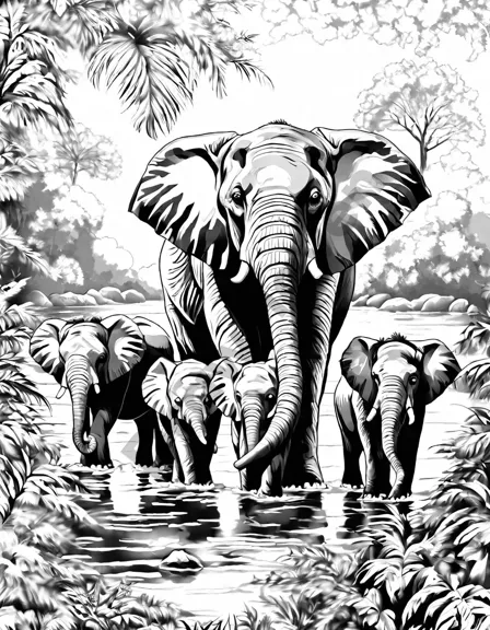 coloring book page of elephant family crossing river with detailed flora and fauna in black and white