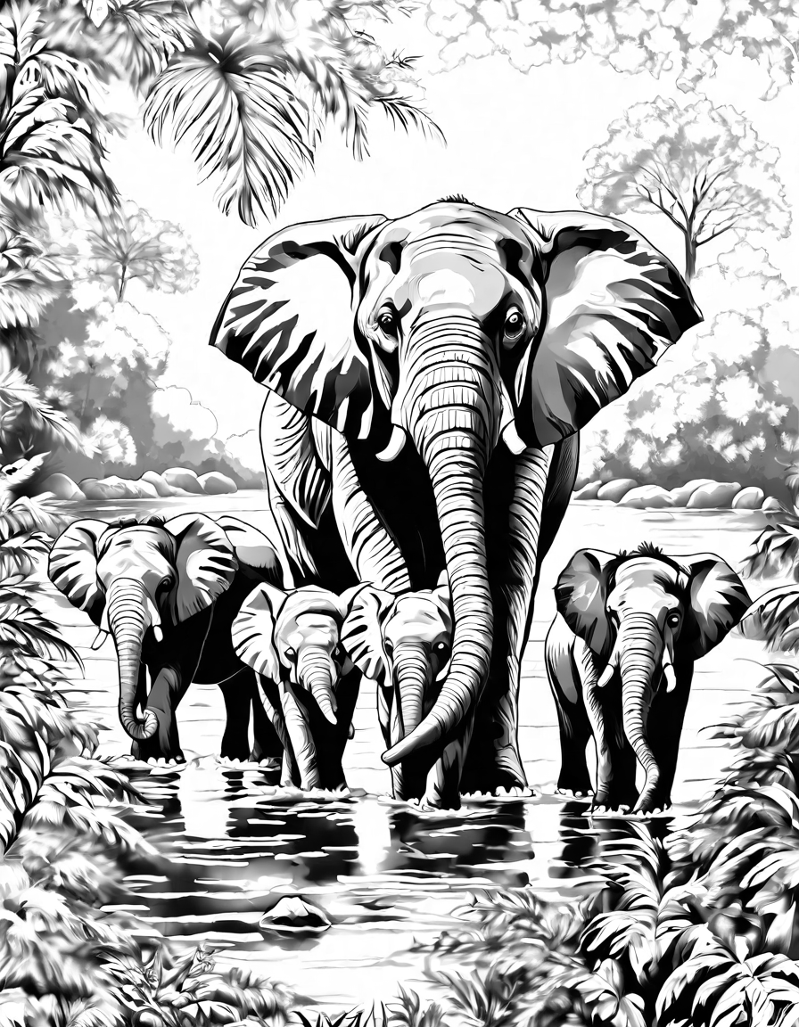 coloring book page of elephant family crossing river with detailed flora and fauna in black and white