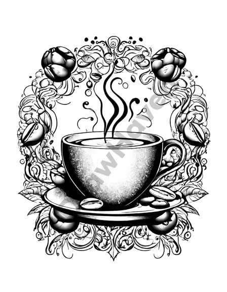 intricate coloring page featuring a café scene with mugs, cups, and coffee beans adorned with patterns, plus whimsical abstract elements in black and white