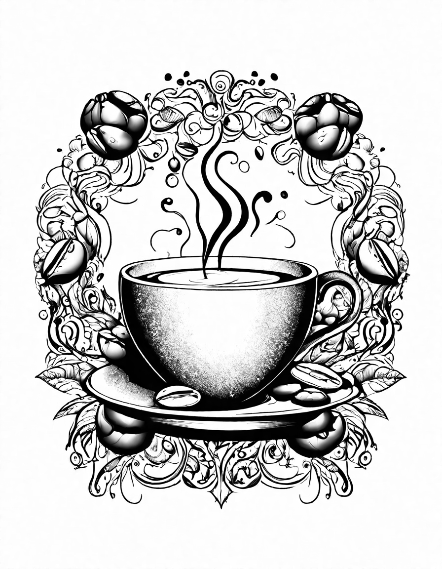 intricate coloring page featuring a café scene with mugs, cups, and coffee beans adorned with patterns, plus whimsical abstract elements in black and white
