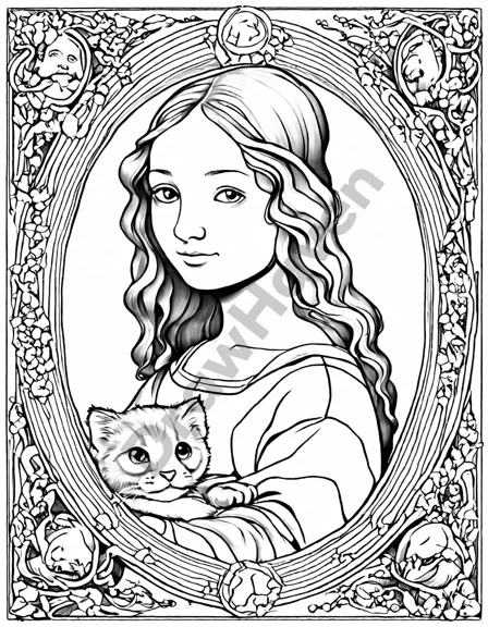 renaissance masterpieces coloring book page featuring iconic portraits from da vinci, michelangelo, and raphael in black and white