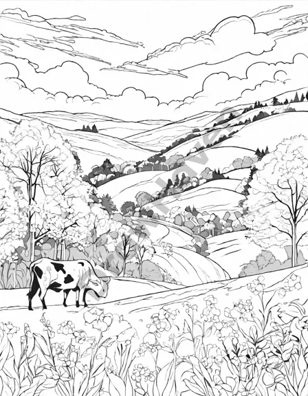 serene pasture with grazing cows under majestic trees, perfect for coloring in black and white