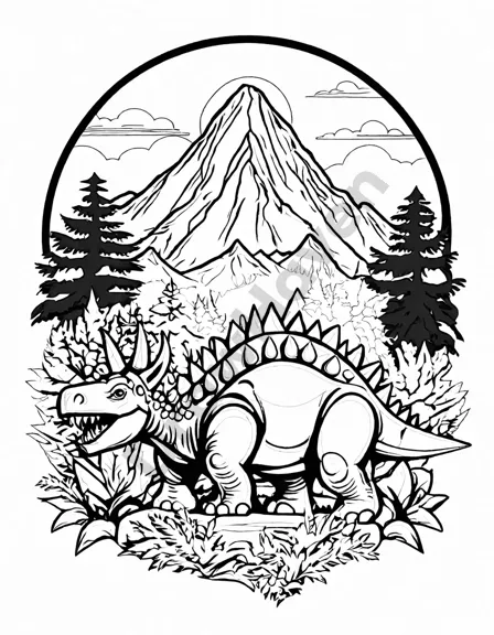 coloring page of a stegosaurus in a lush jurassic landscape with dinosaurs by a brook in black and white
