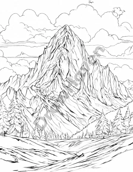 Coloring book image of alpine mountainscape with snow-capped peaks, inspiring artistic creativity and serene escape in black and white