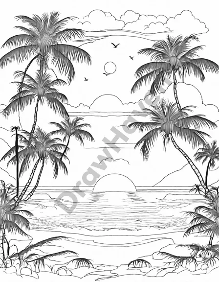 coloring page of a secluded island paradise with palm trees and a sunset sky in black and white