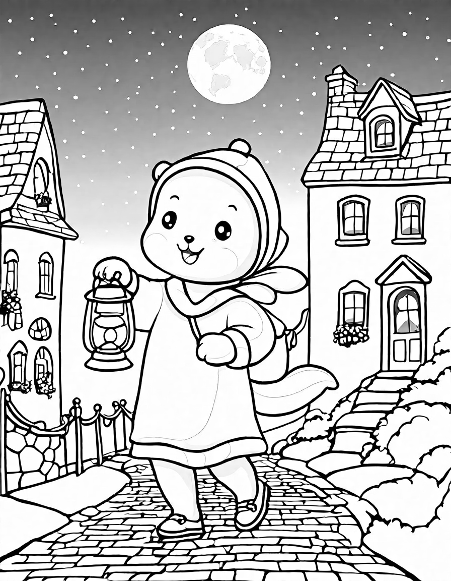 wee willie winkie running through moonlit town in a coloring book scene with whimsical houses and a starry sky in black and white