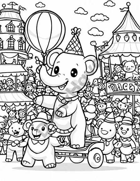 coloring page of circus parade through town with elephants, clowns on unicycles, and horses pulling wagons in black and white