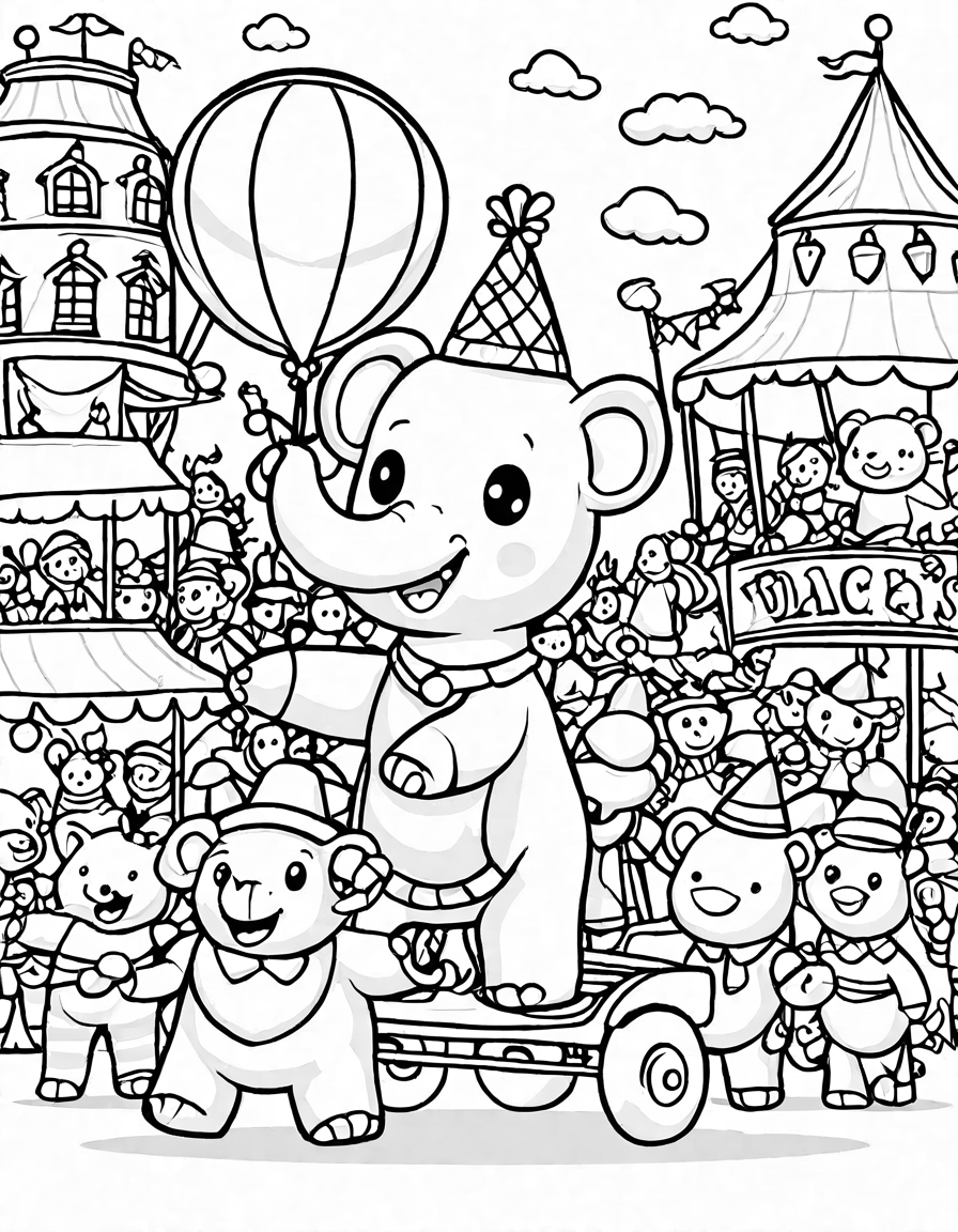 coloring page of circus parade through town with elephants, clowns on unicycles, and horses pulling wagons in black and white