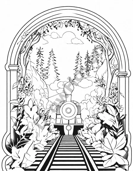 Coloring book image of misty forest with overgrown, rusty tracks and an old steam locomotive silhouette hinting at lost civilizations in black and white