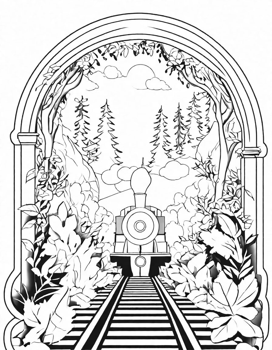Coloring book image of misty forest with overgrown, rusty tracks and an old steam locomotive silhouette hinting at lost civilizations in black and white