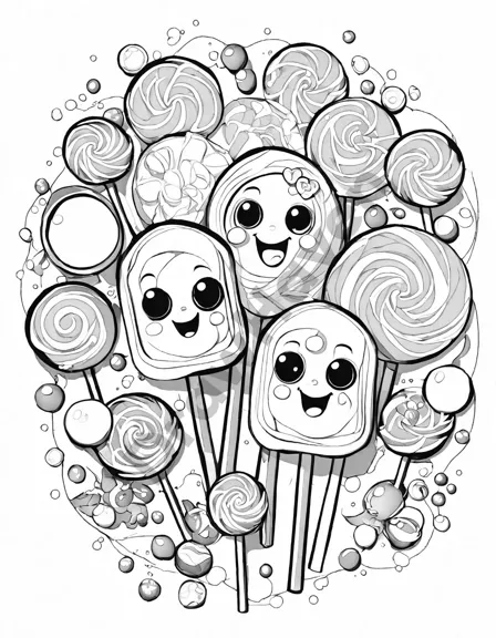 whimsical coloring page featuring a sugary paradise of colorful chocolate bars, lollipops, gummies, and hard candies, waiting to be brought to life by artistic creativity in black and white