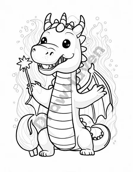 coloring page of dragons creating fireworks under a starry sky, showcasing friendship and fantasy in black and white
