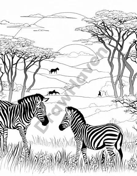 coloring book page featuring zebras crossing grasslands with acacia trees in the background in black and white