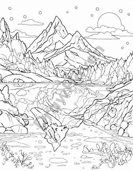 Coloring book image of majestic mountain range mirrored in the calm lake below in black and white
