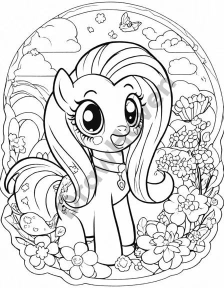 fluttershy's animal sanctuary coloring page with bunnies, squirrels, birds, and flowers in black and white