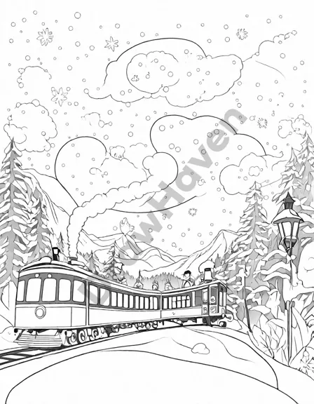 Coloring book image of polar express train journey through snow with northern lights and children in pajamas in black and white