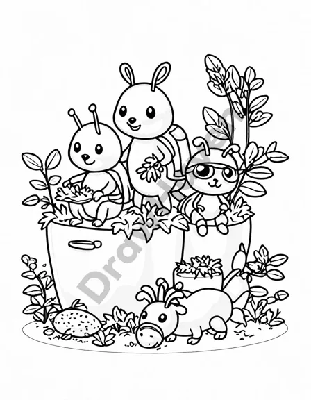 coloring page featuring garden ants working together among roots and leaves, from 'garden bugs and insects in black and white