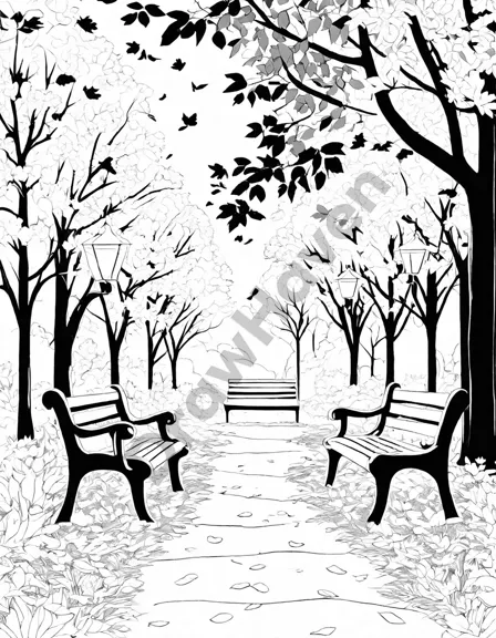 coloring book page of an autumn park scene with leaves falling around a bench in black and white