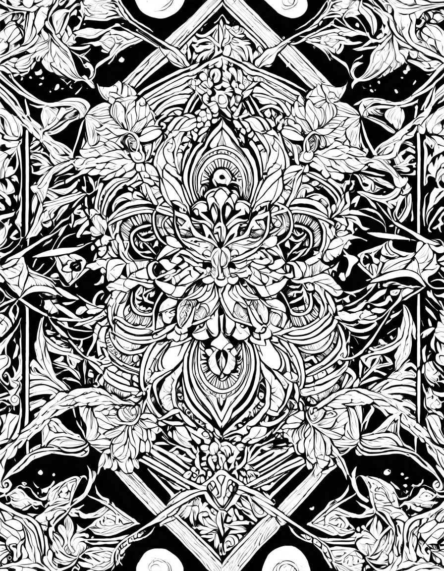 intricate geometric coloring book design with mesmerizing patterns for a meditative coloring experience in black and white
