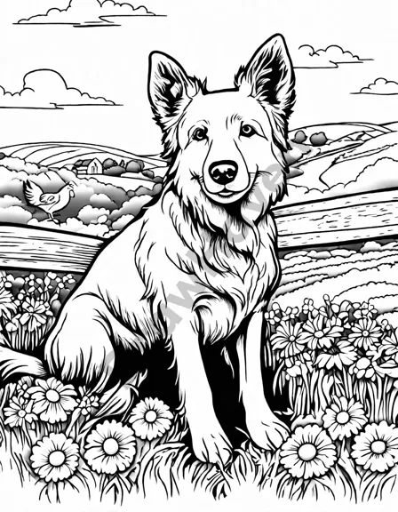 coloring book page of a loyal dog watching over a farmyard with chickens and flowers in black and white