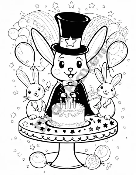 coloring page of a magical birthday magician performance with kids, balloons, and a cake in black and white