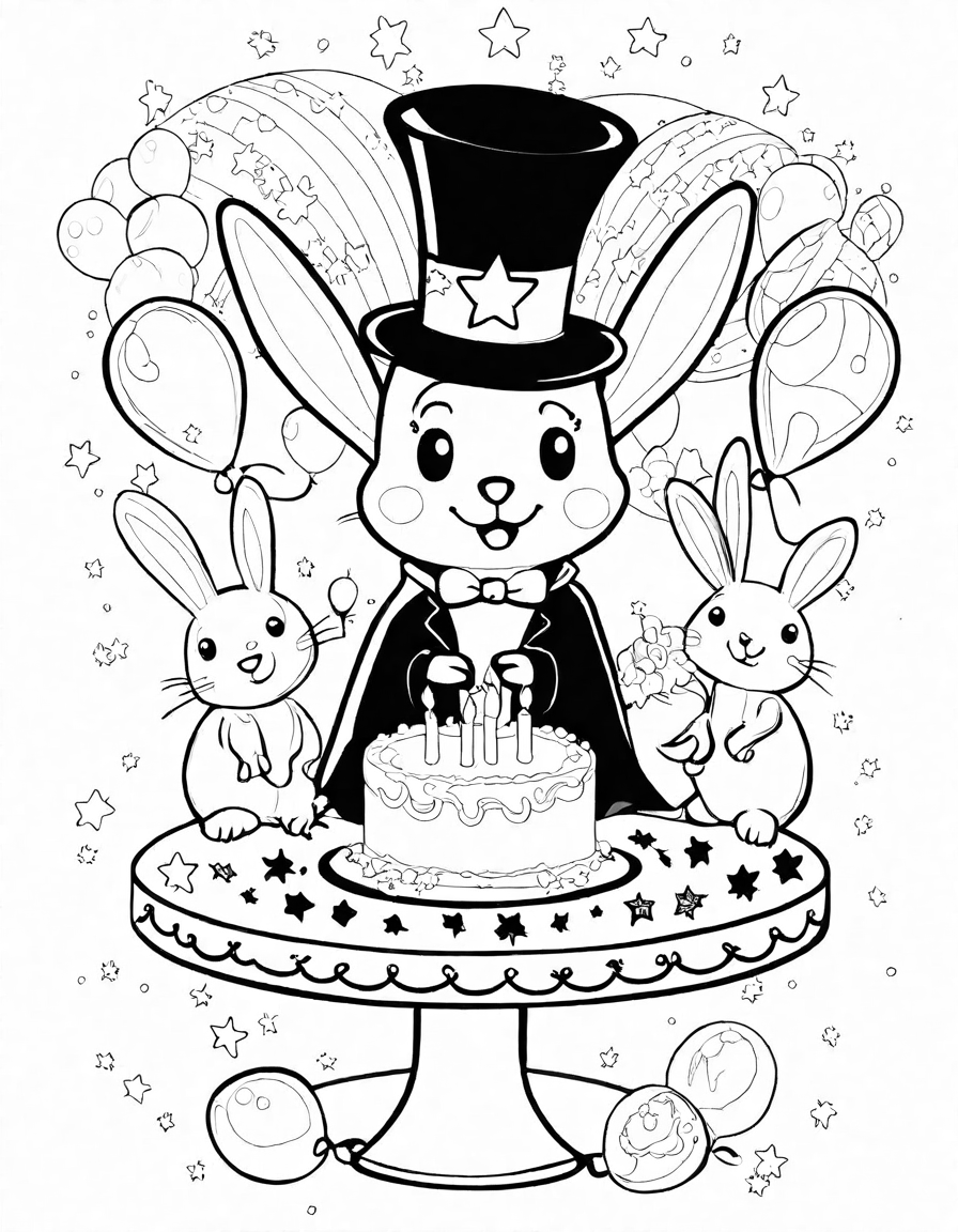 coloring page of a magical birthday magician performance with kids, balloons, and a cake in black and white
