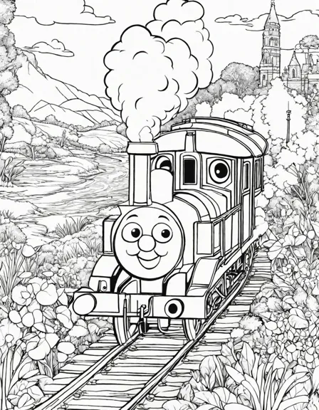 coloring page featuring thomas the tank engine journeying through sodor's landscapes in black and white