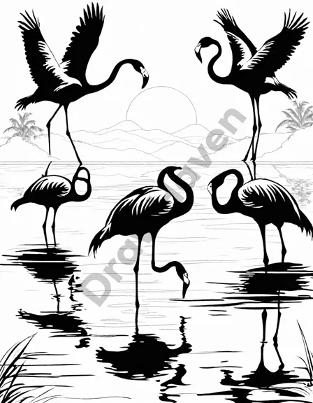 flock of flamingos dancing at sunset on a lake in a coloring book scene in black and white